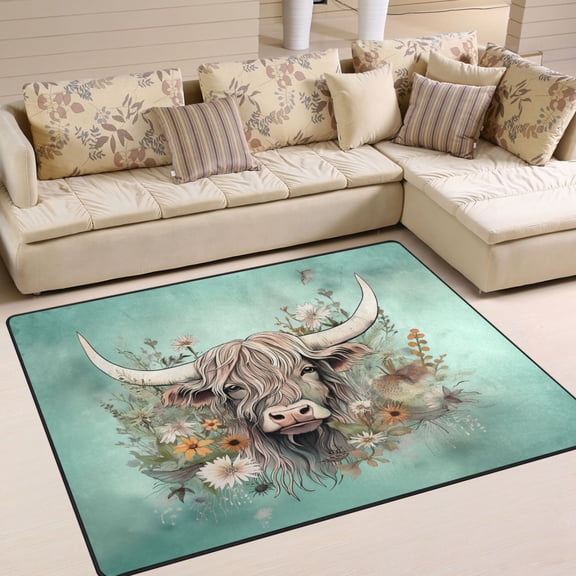 Ryvnso Highland Cattle Floral Area Floor Rugs Soft Non-Slip Large Mats Nursery Carpets 63" x 48"