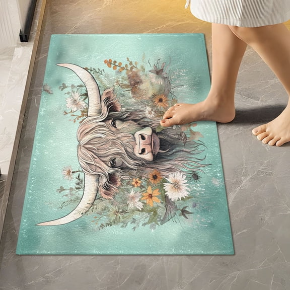 Ryvnso Highland Cattle Floral Bathroom Shaggy Rugs Toilet Rectangle Mat Soft Contour Rug 24"x16"