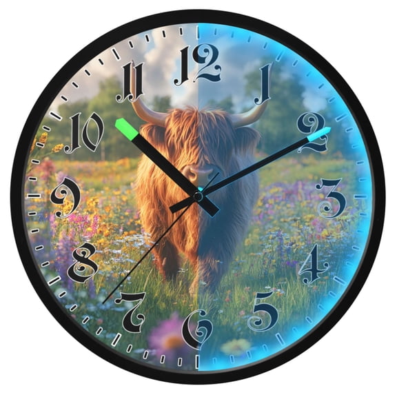 Ryvnso Highland Cattle Floral Field 12 Inch Night Light Wall Clock Luminous Silent Battery Operate Clocks
