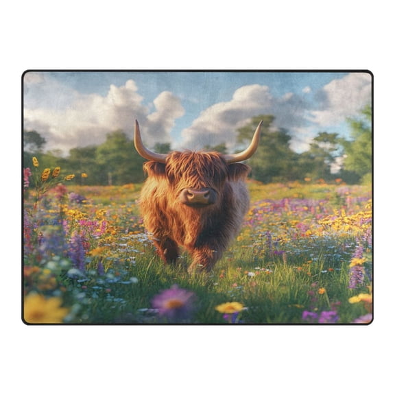 Ryvnso Highland Cattle Floral Field Area Rug Floor Mats Non-Slip Home Carpet 80 x 58 inch