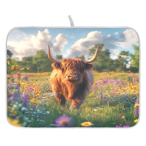 Ryvnso Highland Cattle Floral Field Dish Drying Mat for Kitchen Countertop 16x18 Small Dish Pad Drainer Rack Dish Sink Mats