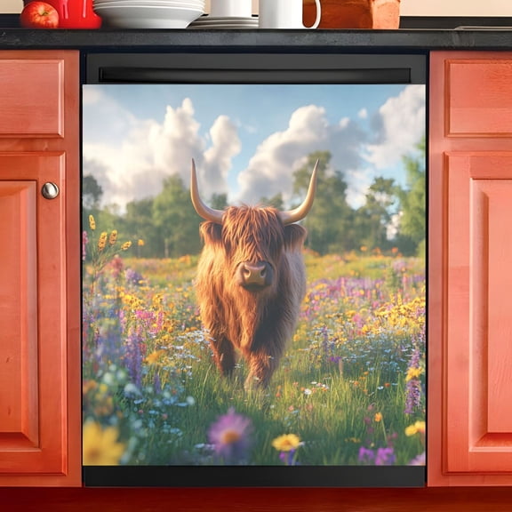 Ryvnso Highland Cattle Floral Field Dishwasher Magnetic Refrigerator Magnet Cover Kitchen Home Decorative 23"x26"