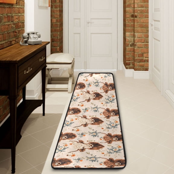 Ryvnso Highland Cattle Floral Hallway Runner Rugs Floor Carpet Non Slip Entryway Mat 2' x 6'