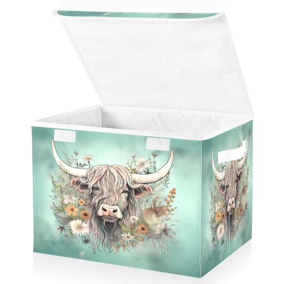 Ryvnso Highland Cattle Floral Large Lidded Foldable Storage Baskets Cubes Boxes Lids Bin for Home