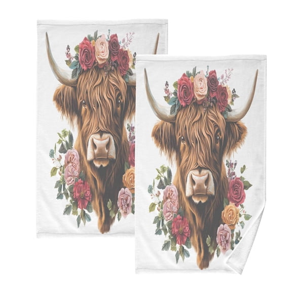 Ryvnso Highland Cattle Flower Cotton Hand Towels Sets Face Towel 2 PCs Bathroom Decorative