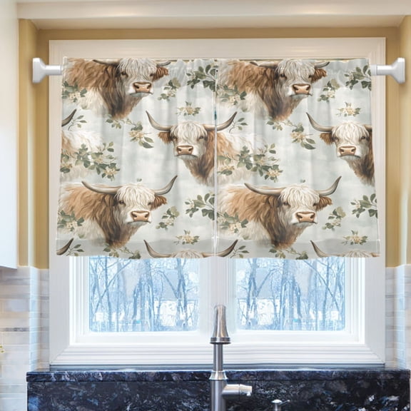 Ryvnso Highland Cattle Half Curtains Sets Tier 2 Panels Short Curtain Rod Pocket 27"W x 24"L