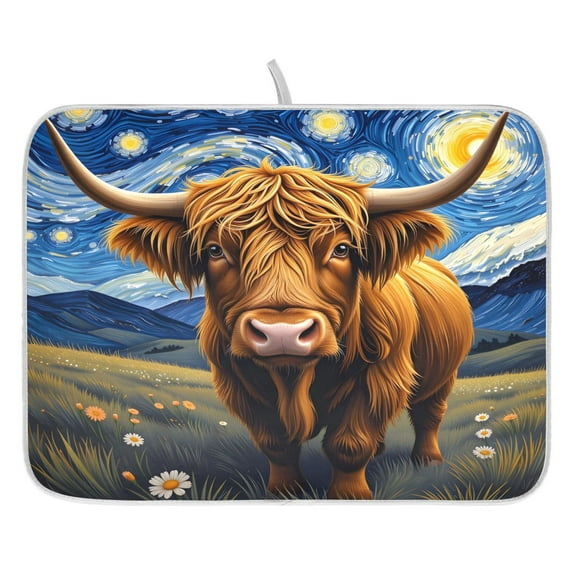 Ryvnso Highland Cattle Oil Pattern Dish Drying Mat for Kitchen Countertop 16x18 Small Dish Pad Drainer Rack Dish Sink Mats