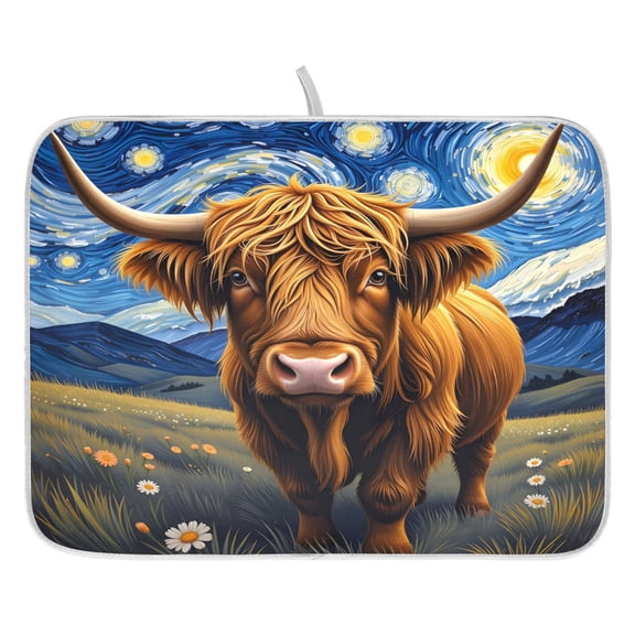 Ryvnso Highland Cattle Oil Pattern Dish Drying Mat for Kitchen Countertop 16x18 Small Dish Pad Drainer Rack Dish Sink Mats