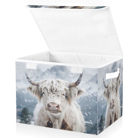 Ryvnso Highland Cattle Winter Large Lidded Foldable Storage Baskets Cubes Boxes Lids Bin for Home