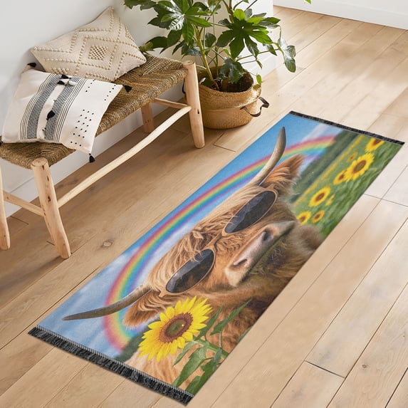 Ryvnso Highland Cattle and Rainbow Bedroom Runner Rug 2'x6' Hallway Area Carpet Non Slip Entryway Mat with Tassels