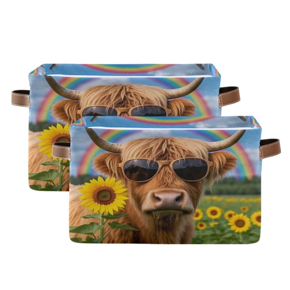 Ryvnso Highland Cattle and Rainbow Storage Basket Large Bin Foldable Boxes Toys Organizer 14.2x10.2x8.3in 2 PCs