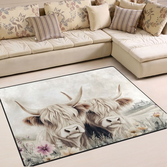 Ryvnso Highland Cattle in Field Area Rug Floor Mats Non-Slip Home Carpet 63 x 48 inch