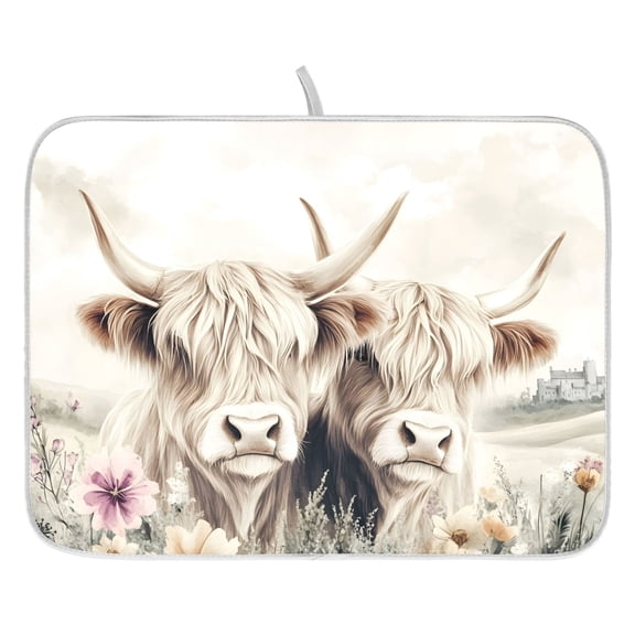 Ryvnso Highland Cattle in Field Dish Drying Mat for Kitchen Countertop 16x18 Small Dish Pad Drainer Rack Dish Sink Mats