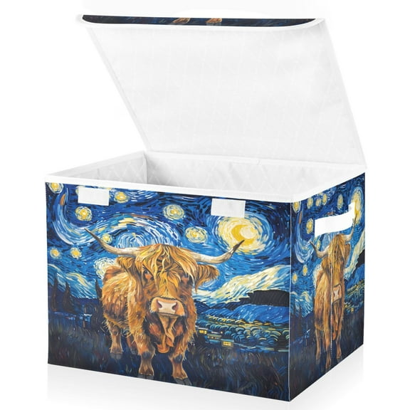 Ryvnso Highland Cattle in Starry Night Large Lidded Foldable Storage Baskets Cubes Boxes Lids Bin for Home