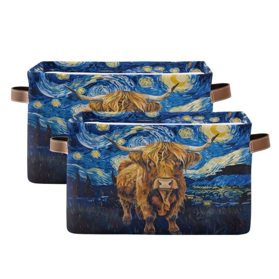 Ryvnso Highland Cattle in Starry Night Storage Basket Large Bin Foldable Boxes Toys Organizer 14.2x10.2x8.3in 2 PCs