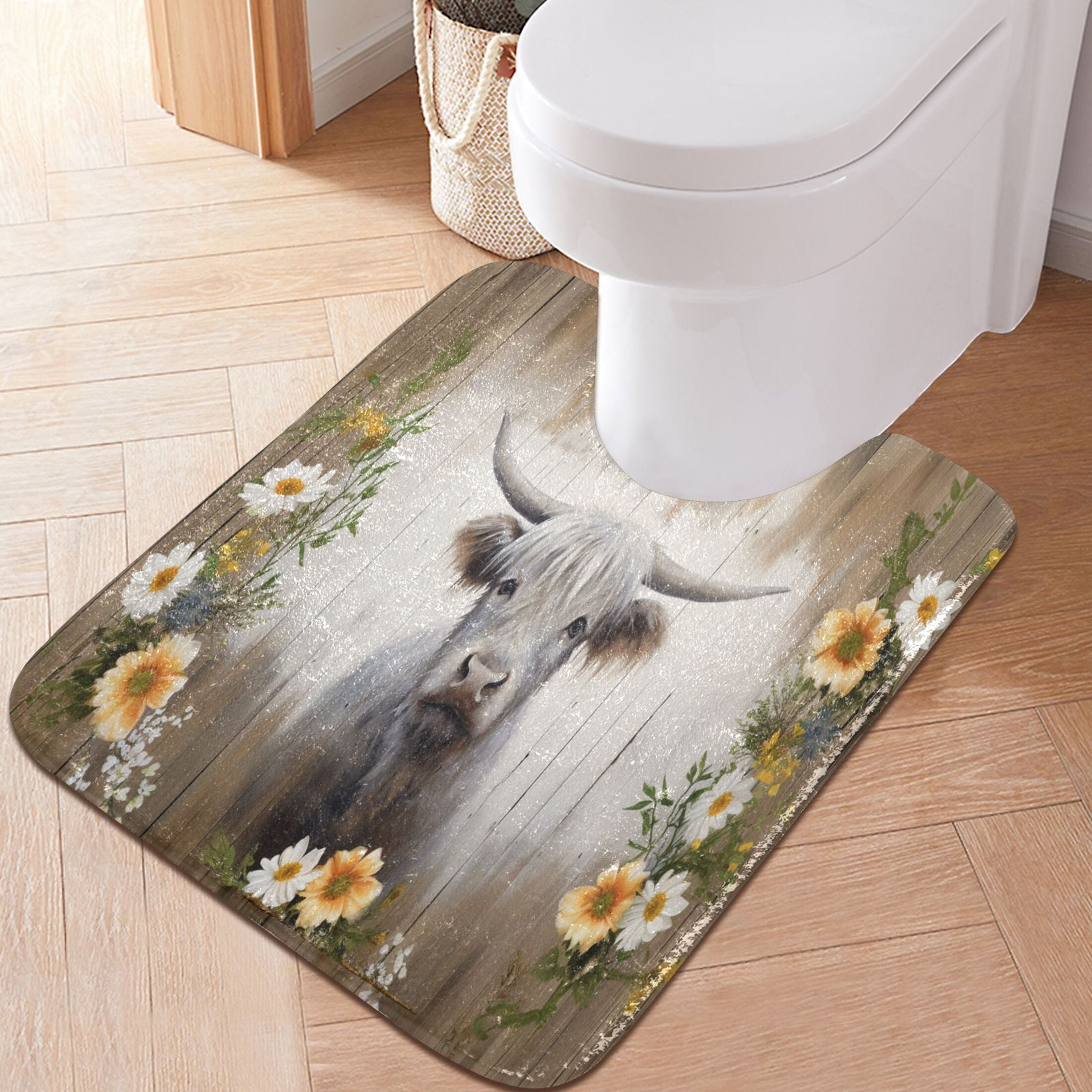 Ryvnso Highland Cattle on Wood Bathroom Shaggy Rugs Toilet U Shape Mat ...