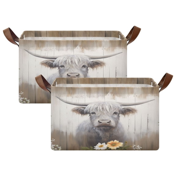 Ryvnso Highland Cattle on Wood Storage Bins Large Basket Foldable Cube Toys Organizer with Handles 2 PCs
