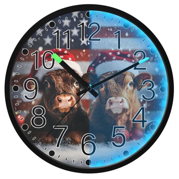 Ryvnso Highland Cattles Usa Flag 12 Inch Night Light Wall Clock Silent Battery Operated Luminous Clocks
