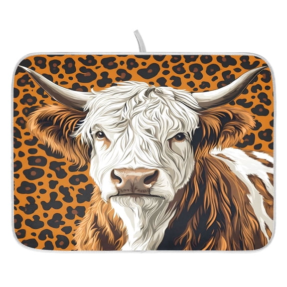 Ryvnso Highland Cattles on Leopard2 Dish Drying Mat for Kitchen Countertop 16x18 Small Dish Pad Drainer Rack Dish Sink Mats