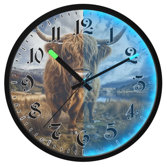 Ryvnso Highland Cow 12 Inch Night Light Wall Clock Luminous Silent Battery Operate Clocks