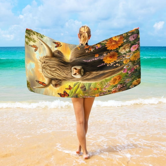 Ryvnso Highland Cow Butterflies Beach Towel Quick Dry Swimming Yoga Beach Towels Large Sand Free Microfiber Towel 31"W x 71"L