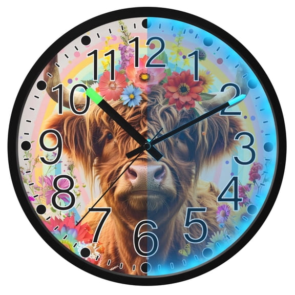 Ryvnso Highland Cow Flowers Rainbow 12 Inch Night Light Wall Clock Silent Battery Operated Luminous Clocks