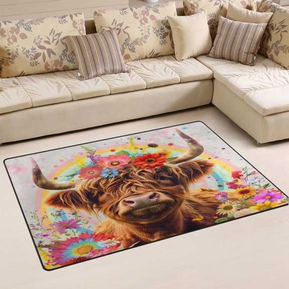 Ryvnso Highland Cow Flowers Rainbow Area Floor Mat Non-Slip Carpet Soft Rugs Doormats 60" x 39"