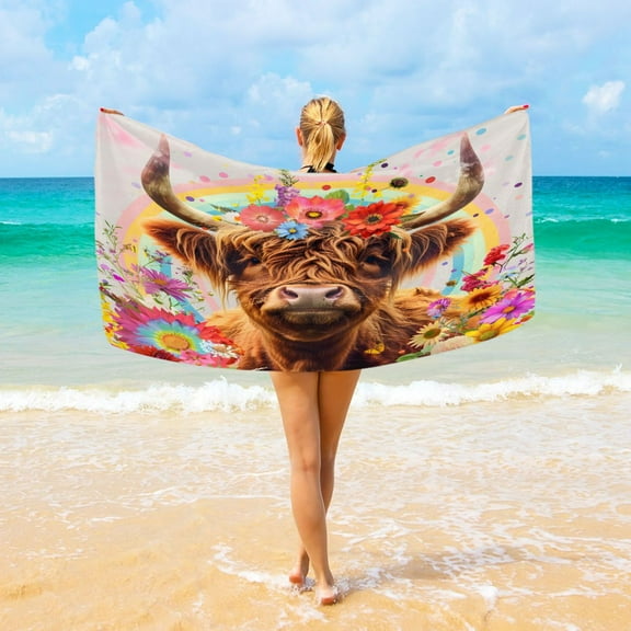 Ryvnso Highland Cow Flowers Rainbow Oversized Beach Towel Microfiber Bath Blankets Swimming Fitness 37" x 74"