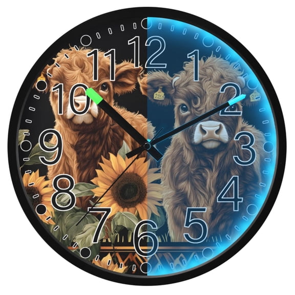 Ryvnso Highland Cow Sunflower 12 Inch Night Light Wall Clock Silent Battery Operated Luminous Clocks