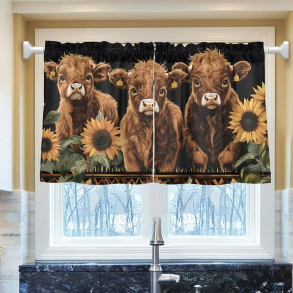 Ryvnso Highland Cow Sunflower Half Curtains Sets Tier 2 Panels Short Curtain Rod Pocket 27"W x 24"L