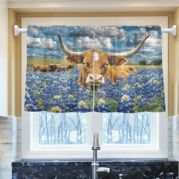 Ryvnso Highland Cow View Half Curtains Sets Tier 2 Panels Short Curtain Rod Pocket 27"W x 24"L