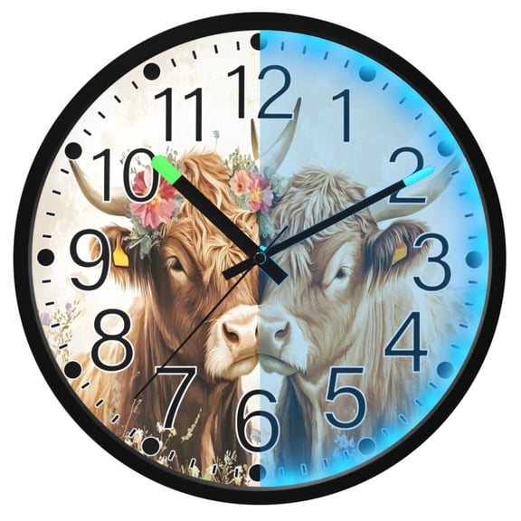 Ryvnso Highland Cows 12 Inch Night Light Wall Clock Silent Battery Operated Luminous Clocks