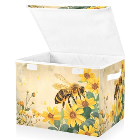 Ryvnso Honey Bee and Sunflower Large Lidded Foldable Storage Baskets Cubes Boxes Lids Bin for Home