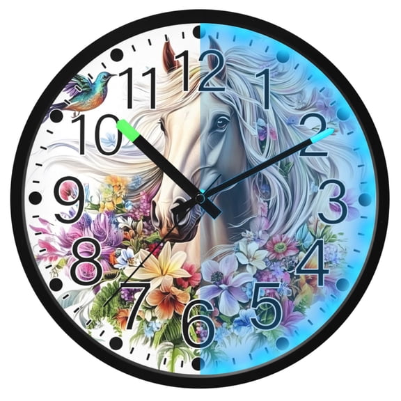 Ryvnso Horse and Bird 12 Inch Night Light Wall Clock Silent Battery Operated Luminous Clocks
