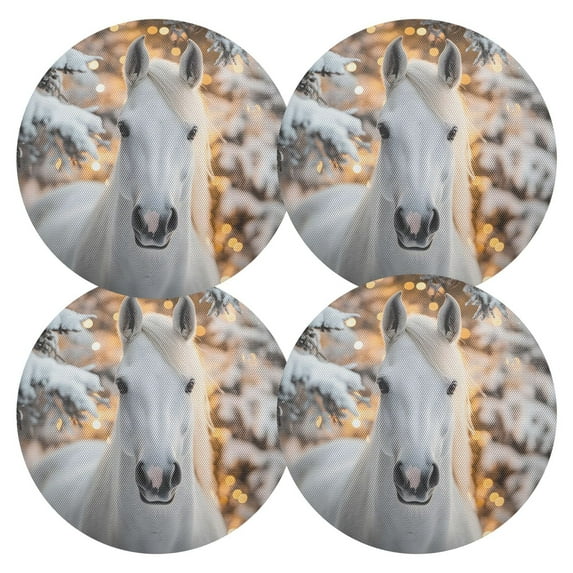 Ryvnso Horse in Winter Round Plate Mats Dining Table Placemat Set of 4 for Holiday Decoration