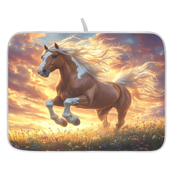 Ryvnso Horse on Field Dish Drying Mat for Kitchen Countertop 16x18 Small Dish Pad Drainer Rack Dish Sink Mats