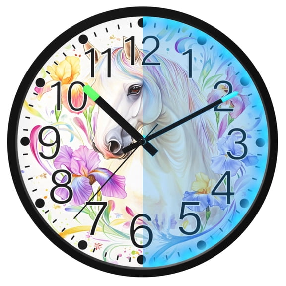 Ryvnso Horse with Flower 12 Inch Night Light Wall Clock Silent Battery Operated Luminous Clocks