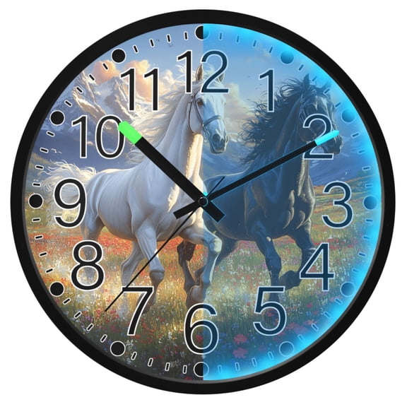 Ryvnso Horses on Field 12 Inch Night Light Wall Clock Silent Battery Operated Luminous Clocks