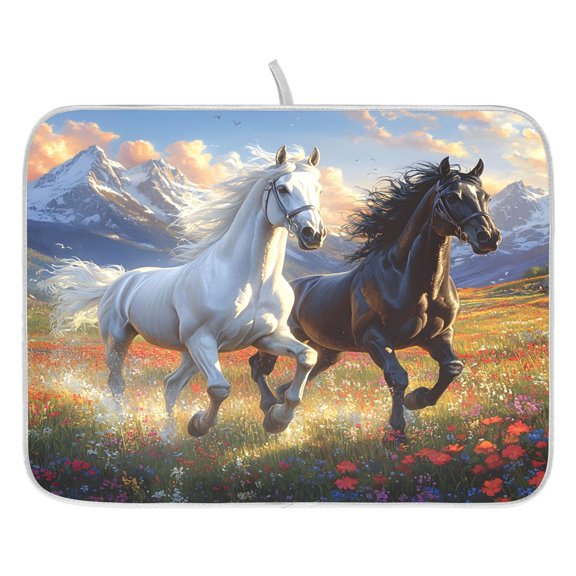Ryvnso Horses on Field Dish Drying Mat for Kitchen Countertop 16x18 Small Dish Pad Drainer Rack Dish Sink Mats