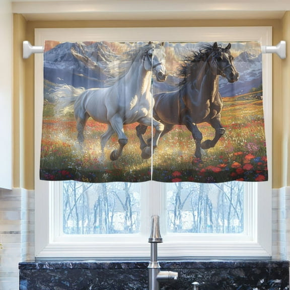 Ryvnso Horses on Field Half Curtains Sets Tier 2 Panels Short Curtain Rod Pocket 27"W x 24"L