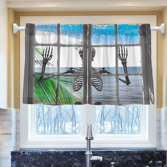 Ryvnso Human Skeleton Outside Window Half Curtains Sets Tier 2 Panels Short Curtain Rod Pocket 27"W x 24"L