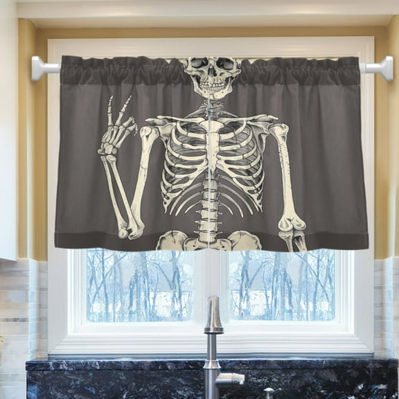 Ryvnso Human Skull Skeleton Half Curtains Sets Tier 2 Panels Short Curtain Rod Pocket 27"W x 24"L