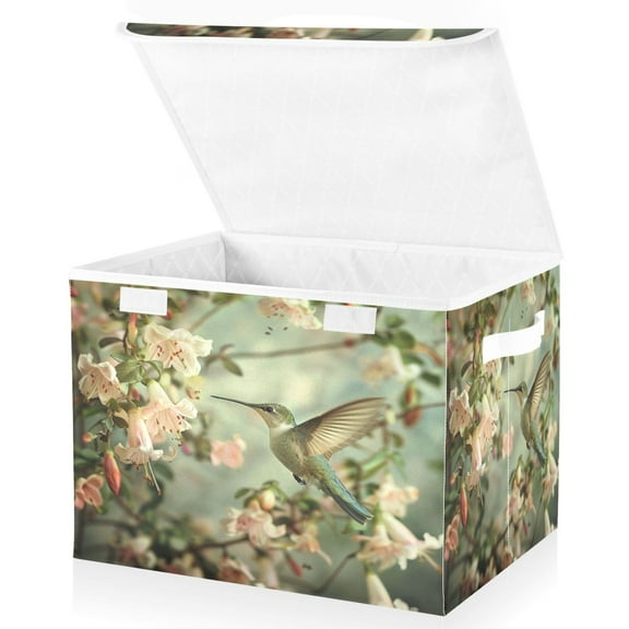 Ryvnso Hummingbird Floral Large Lidded Foldable Storage Baskets Cubes Boxes Lids Bin for Home