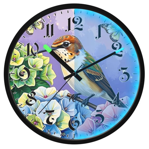 Ryvnso Hummingbird and Hydrangea-1 12 Inch Night Light Wall Clock Luminous Silent Battery Operate Clocks
