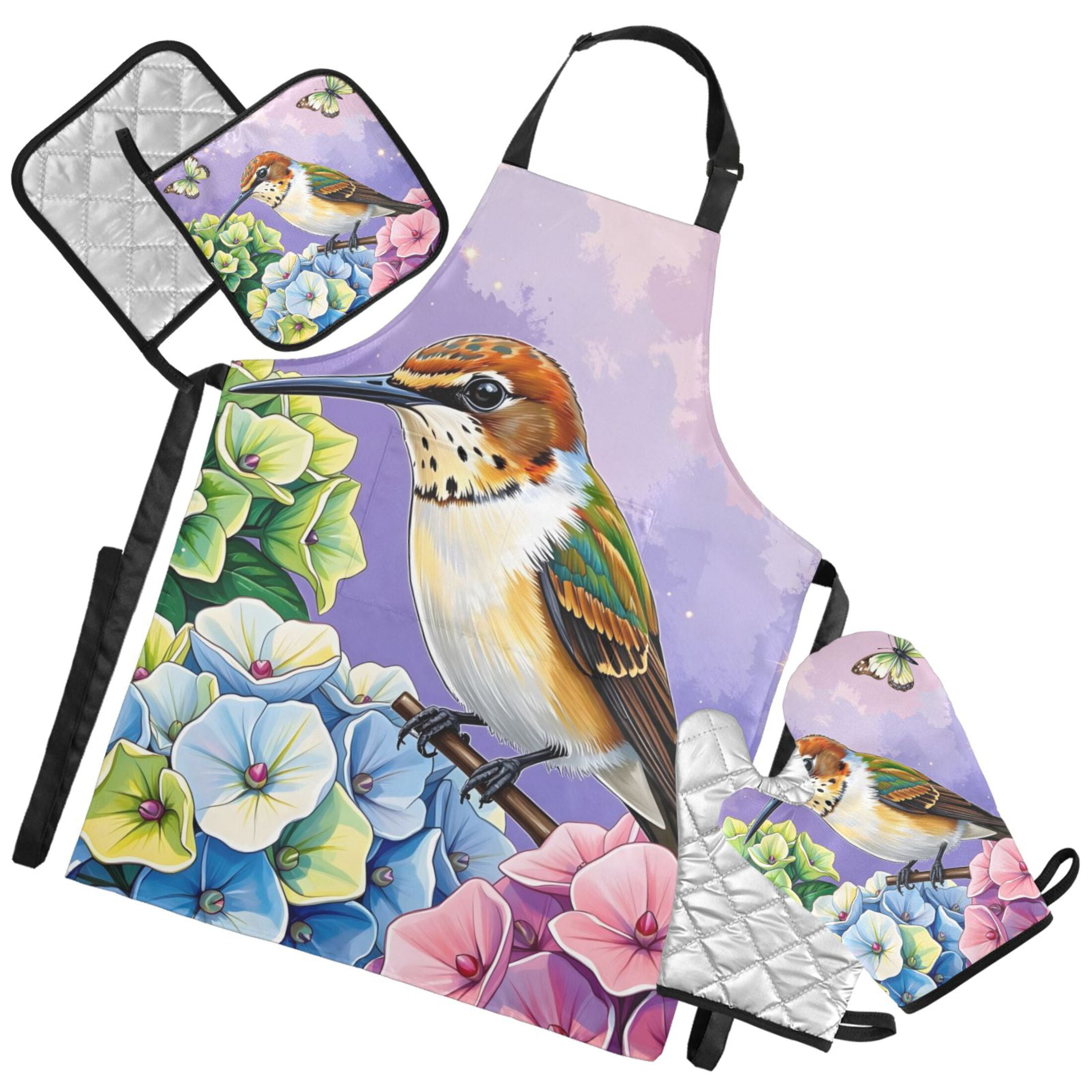 Ryvnso Hummingbird and Hydrangea-1 Kitchen Apron Oven Mitts Set Pot Holders