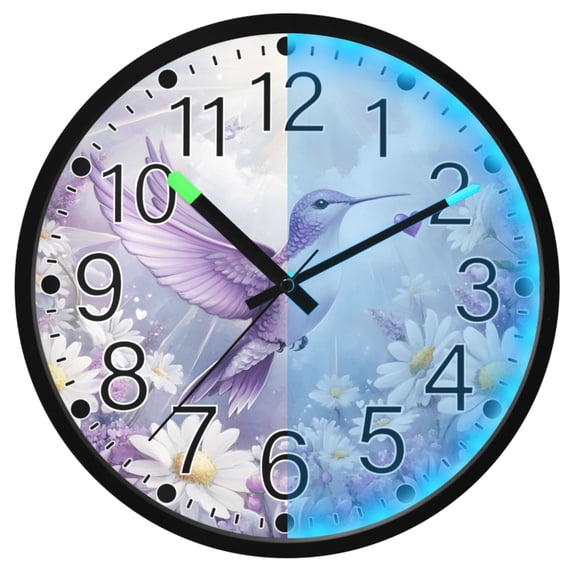 Ryvnso Hummingbirds Lavender Flower 12 Inch Night Light Wall Clock Silent Battery Operated Luminous Clocks