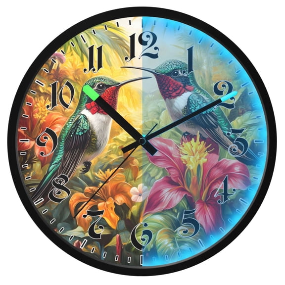 Ryvnso Hummingbirds Lily Flowers 12 Inch Night Light Wall Clock Luminous Silent Battery Operate Clocks