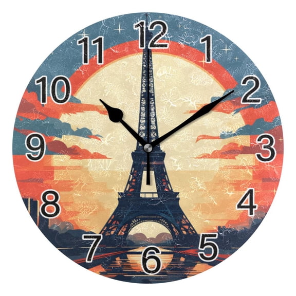 Ryvnso Iron Tower with Sunset Wall Clock Non Ticking Silent Kitchen Clock Battery Operated Clocks 10 inch
