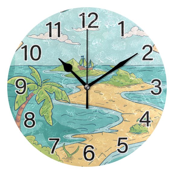 Ryvnso Island Map and Sea Wall Clock Non Ticking Silent Kitchen Clock Battery Operated Clocks 10 inch