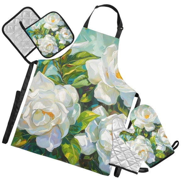 Ryvnso Jasmine Flowers Oil Paint Kitchen Apron Oven Mitts Set Pot Holders